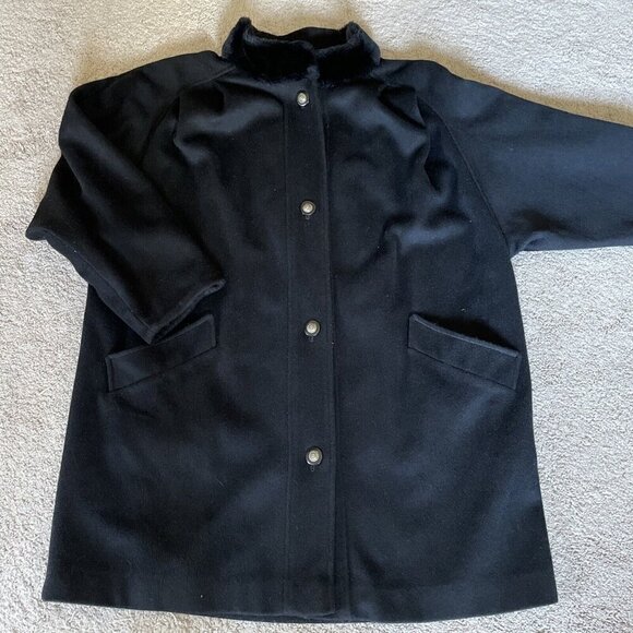 Vintage 70s Lorovi Woman Wool Button Front Coat Sz 2X Black Faux Fur Collar USA - Picture 4 of 13